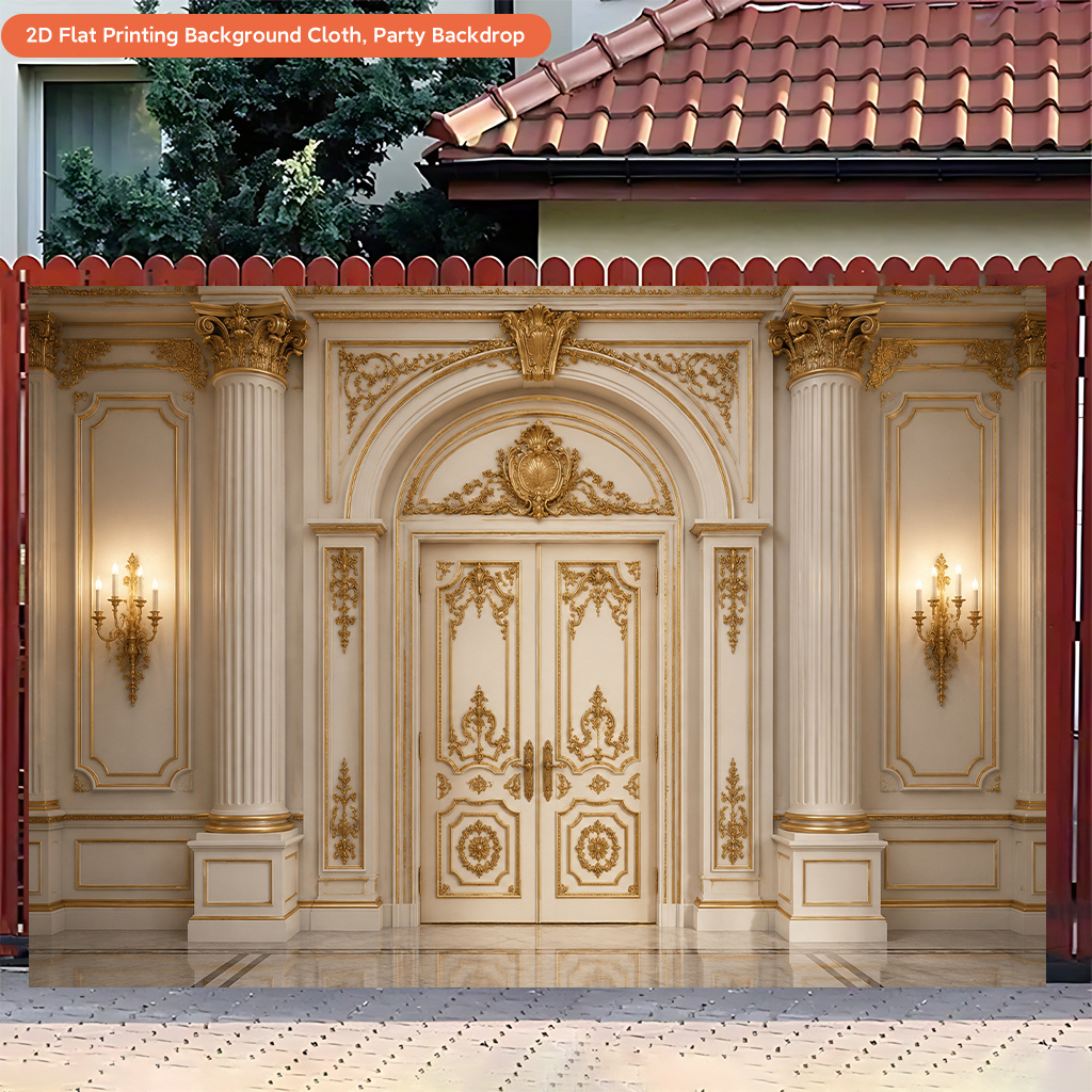2D Flat Luxurious Palace Golden Door Photography Backdrop